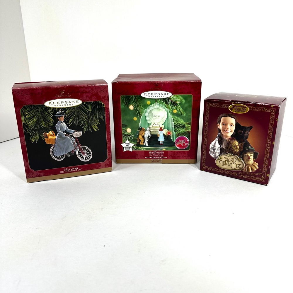 Hallmark Wizard of Oz Ornament Lot The Great Oz Miss Gulch Music Box 3pc Set